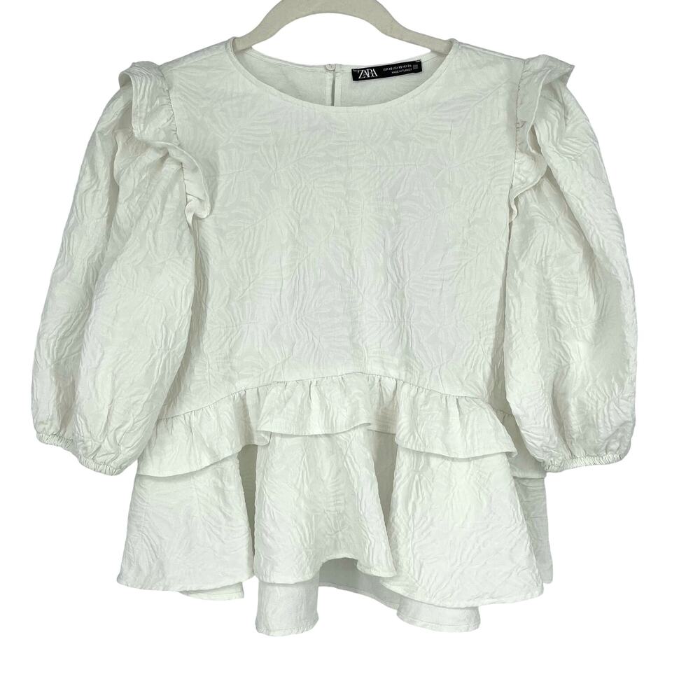 Zara White Ruffle‎ Peplum Balloon Sleeve Blouse Size XS